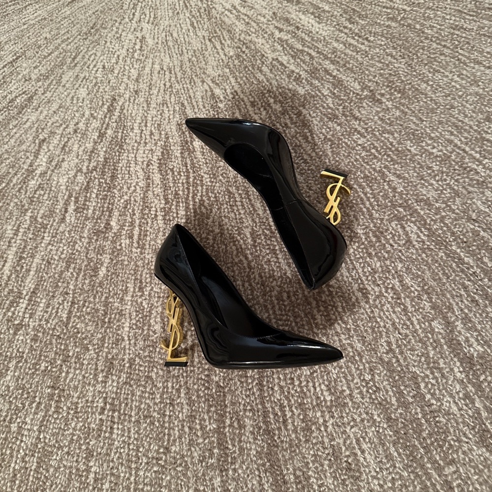 YSL Yves Saint Laurent Black Patent Leather Heels with Gold Accent